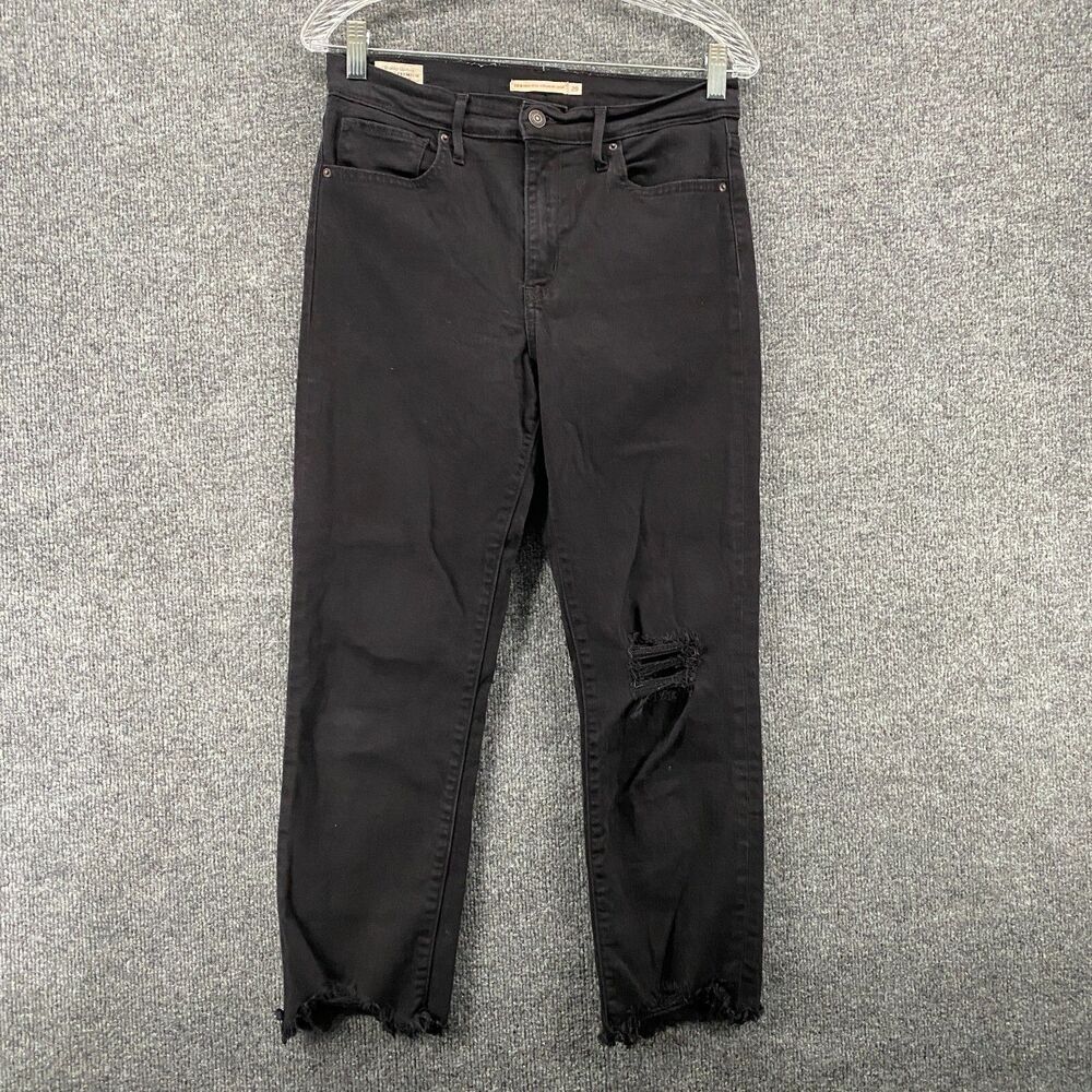 Levis Premium 724 Jeans Womens 29 Black Mid Rise Distressed Straight Crop Hippie